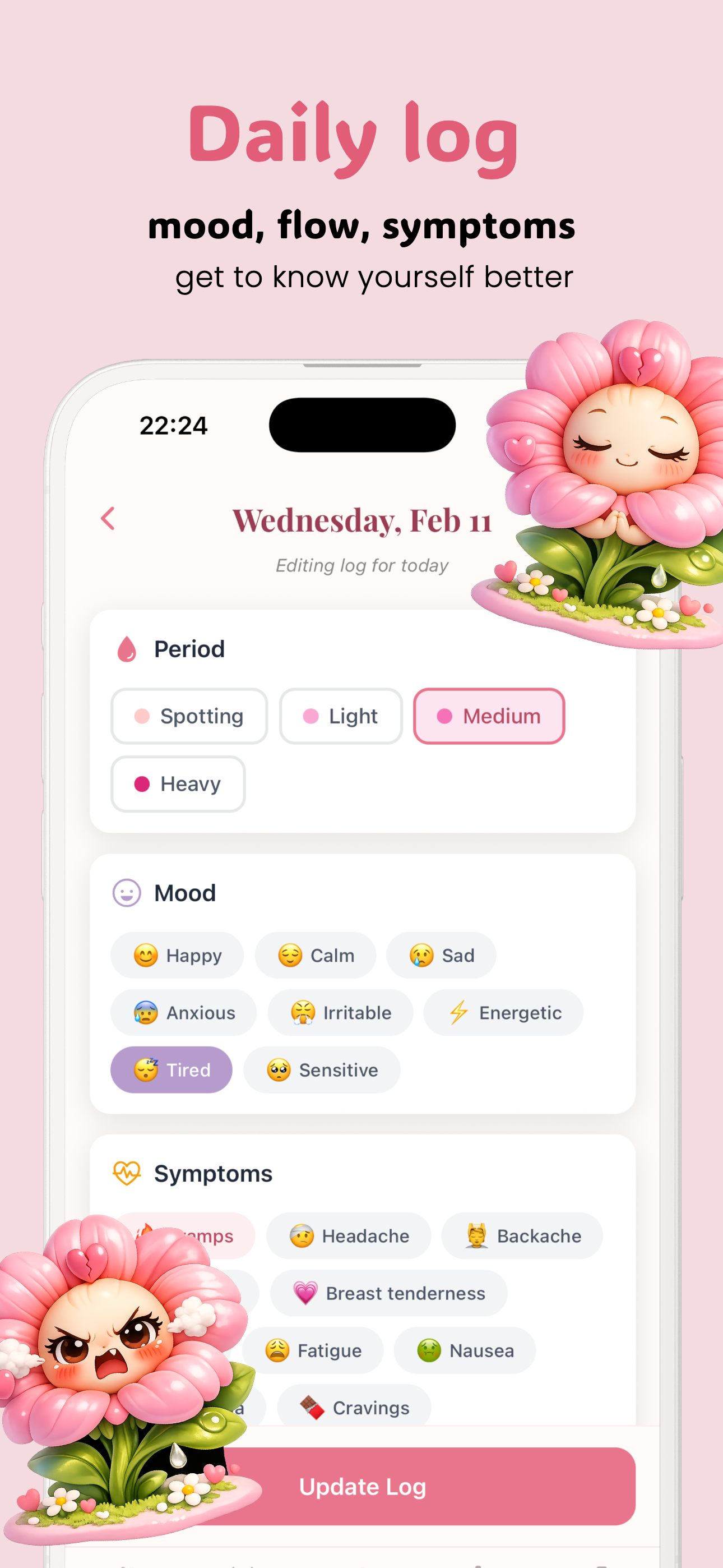 Posy daily log for tracking mood, flow intensity, and symptoms